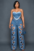 Strapless Top Hollow-Out Wide Leg Pants Denim 2pcs Set-Blue