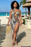 Halter Snake Print Cut Out High Slit Vacation Maxi Dresses-Gray