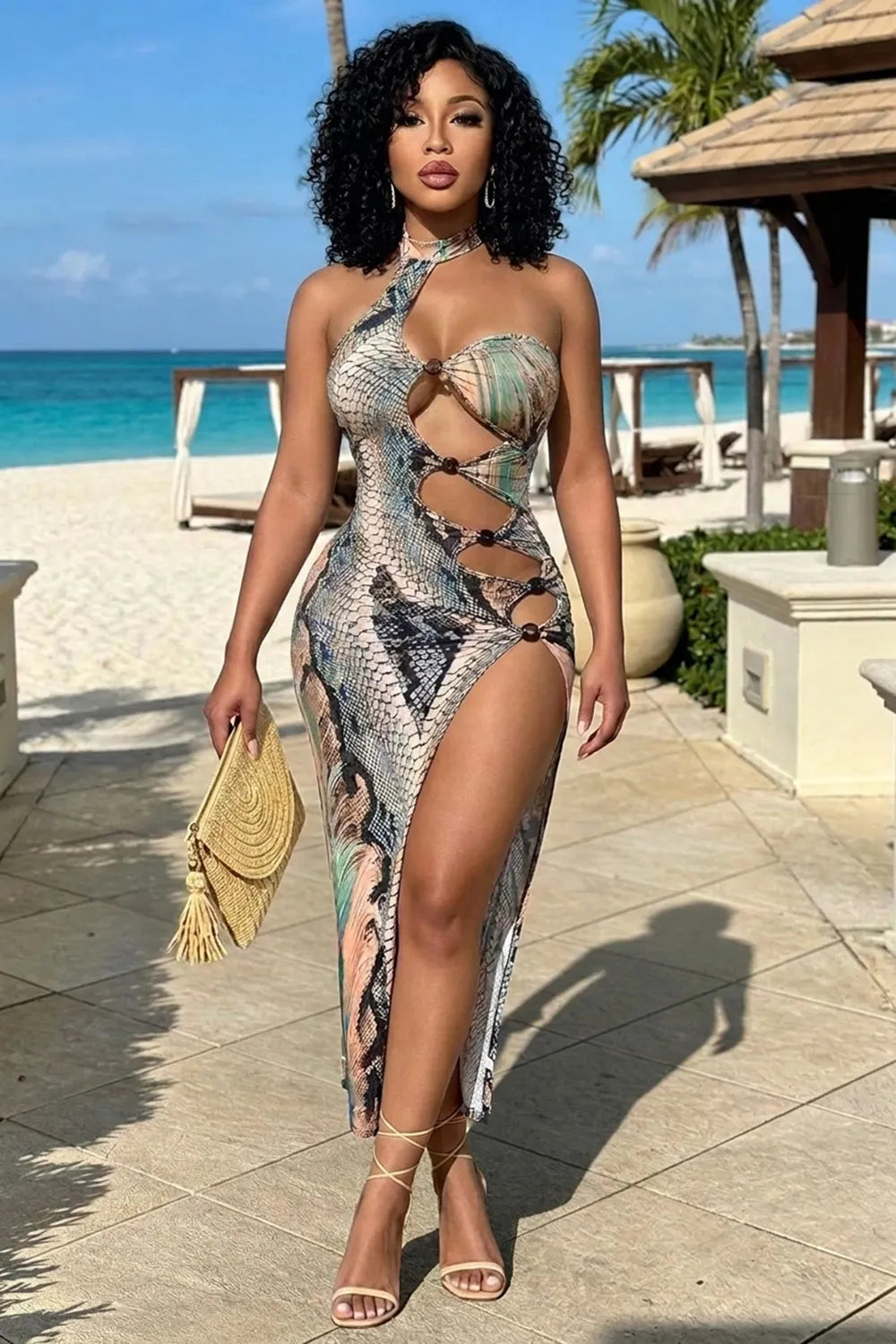 Halter Snake Print Cut Out High Slit Vacation Maxi Dresses-Gray