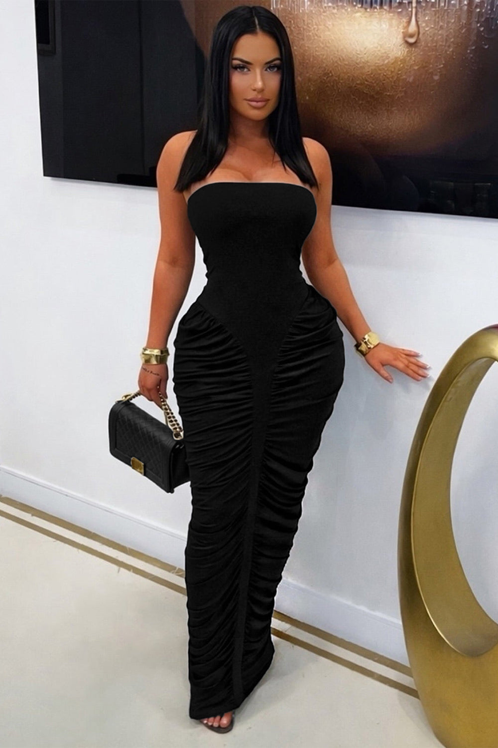 Strapless Solid Color Ruched Bodycon Evening Gowns Maxi Dresses-Gray