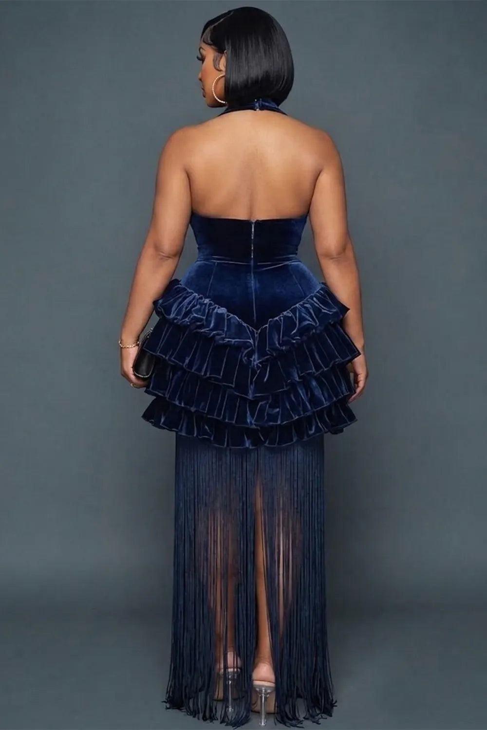 Halter Cut Out Tiered Ruffle Long Fringe Gowns Maxi Dresses-Blue