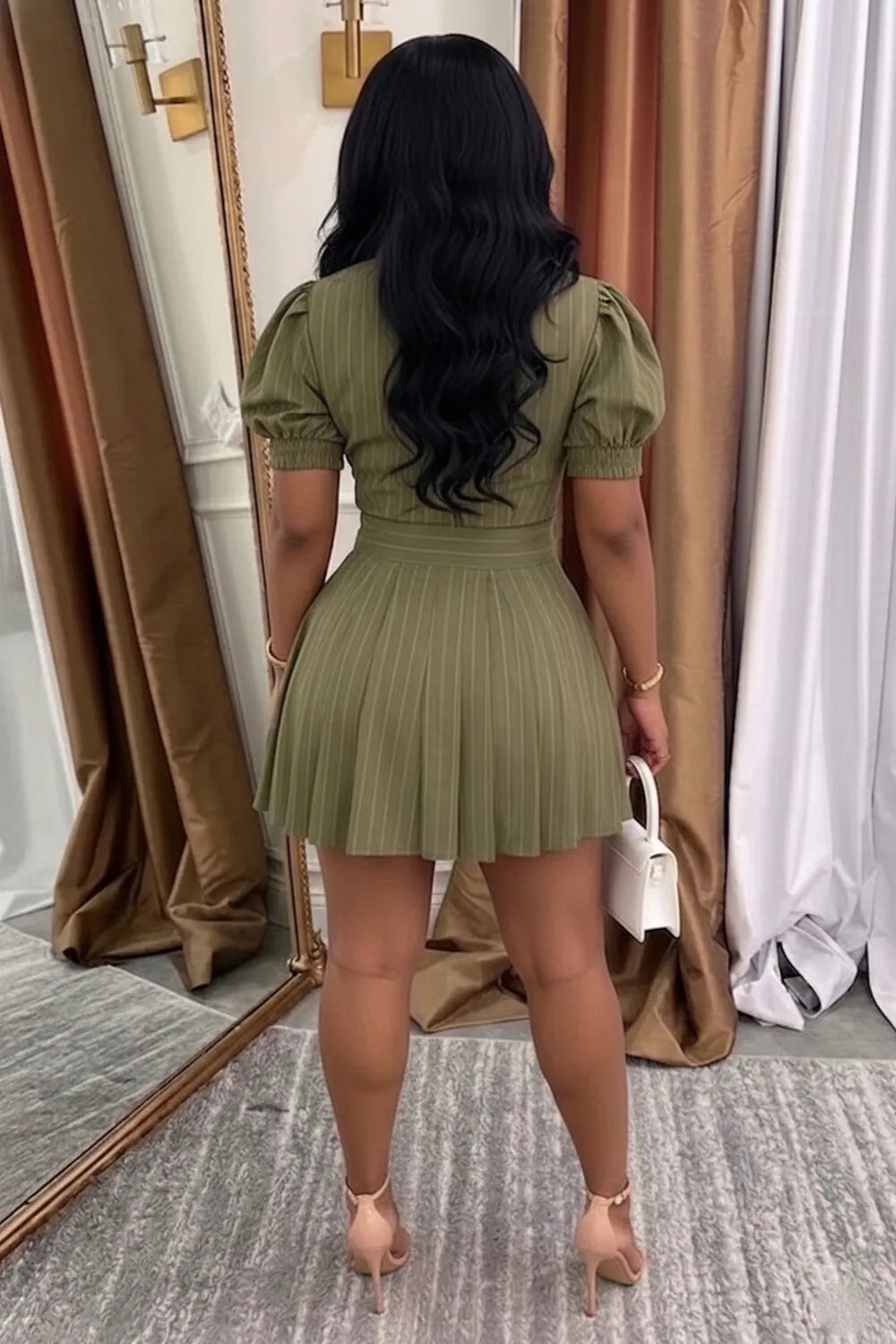 Collar Puff Sleeve A-Line Casual Mini Dresses-Green