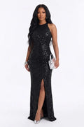 Sequin Sleeveless Slit Ruched Bodycon Evening Gowns Maxi Dresses-Black