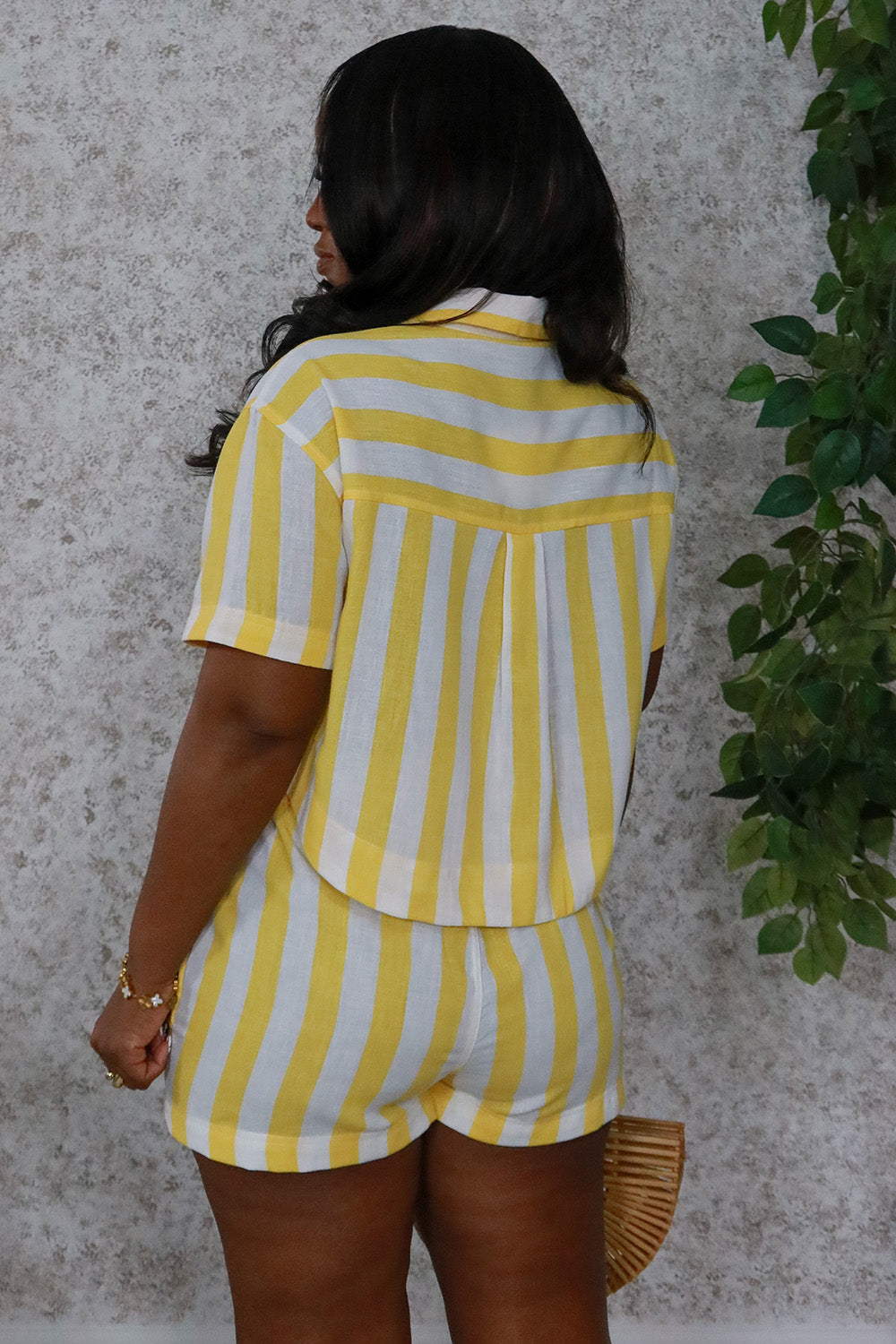 Striped  Collar Short Sleeve Top Shorts 2pcs Set-Yellow