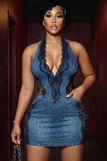 Denim Halter Deep V Neck Lace Patchwork Casual Mini Dresses-Blue