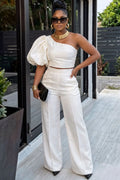 One Shoulder Puff Sleeve Top Wide Leg Pants Casual 2pcs Set-White