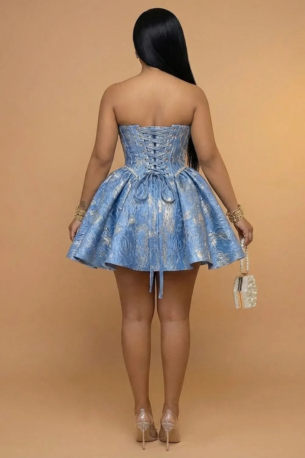 Strapless Sweetheart Neck Jacquard A-Line Gowns Mini Dresses-Blue