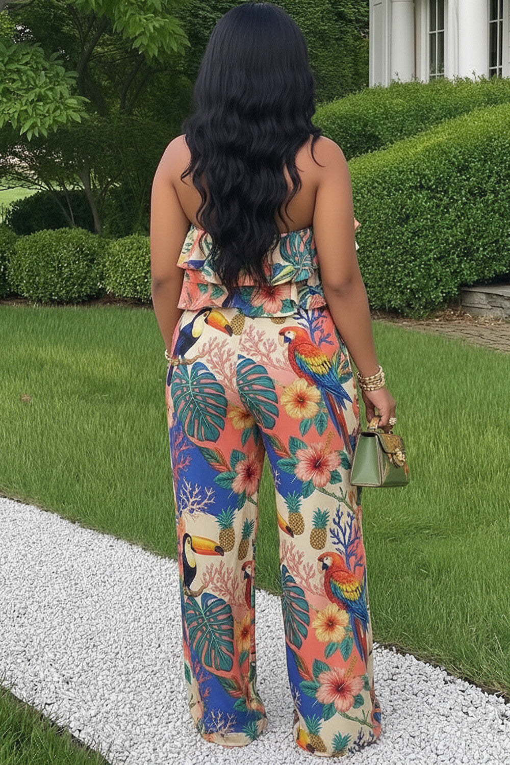 Floral Halter Ruffle Top Wide Leg Pants 2pcs Set