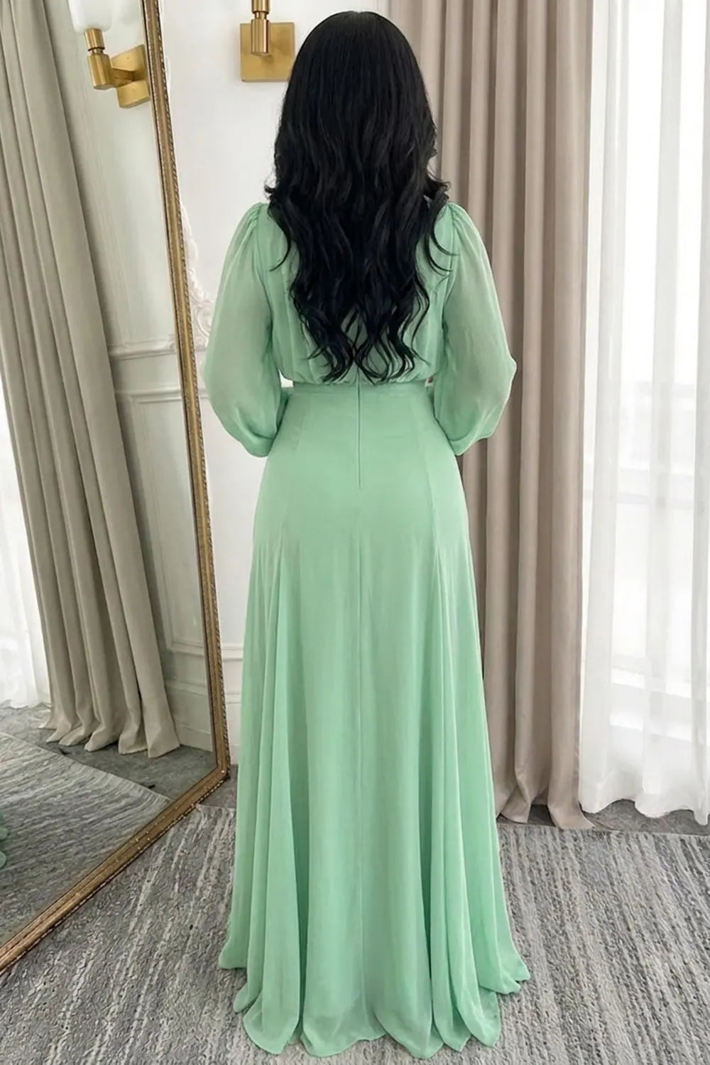 Round Neck Long Sleeve High Waist Draped Evening Gowns Maxi Dresses-Green