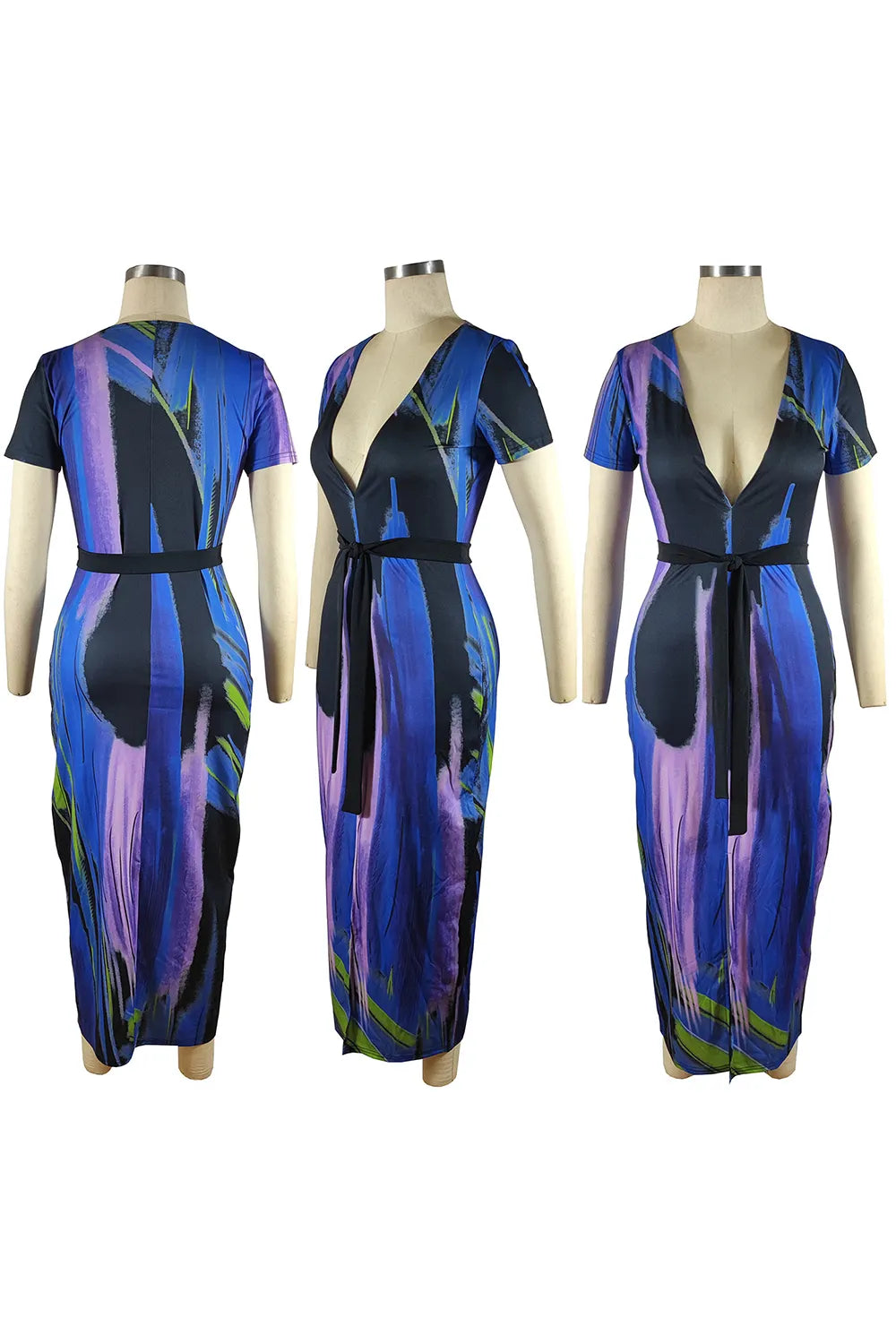 Deep V Neck Short Sleeve Cinch Waist Tie Dye Slit Gowns Maxi Dresses-Blue