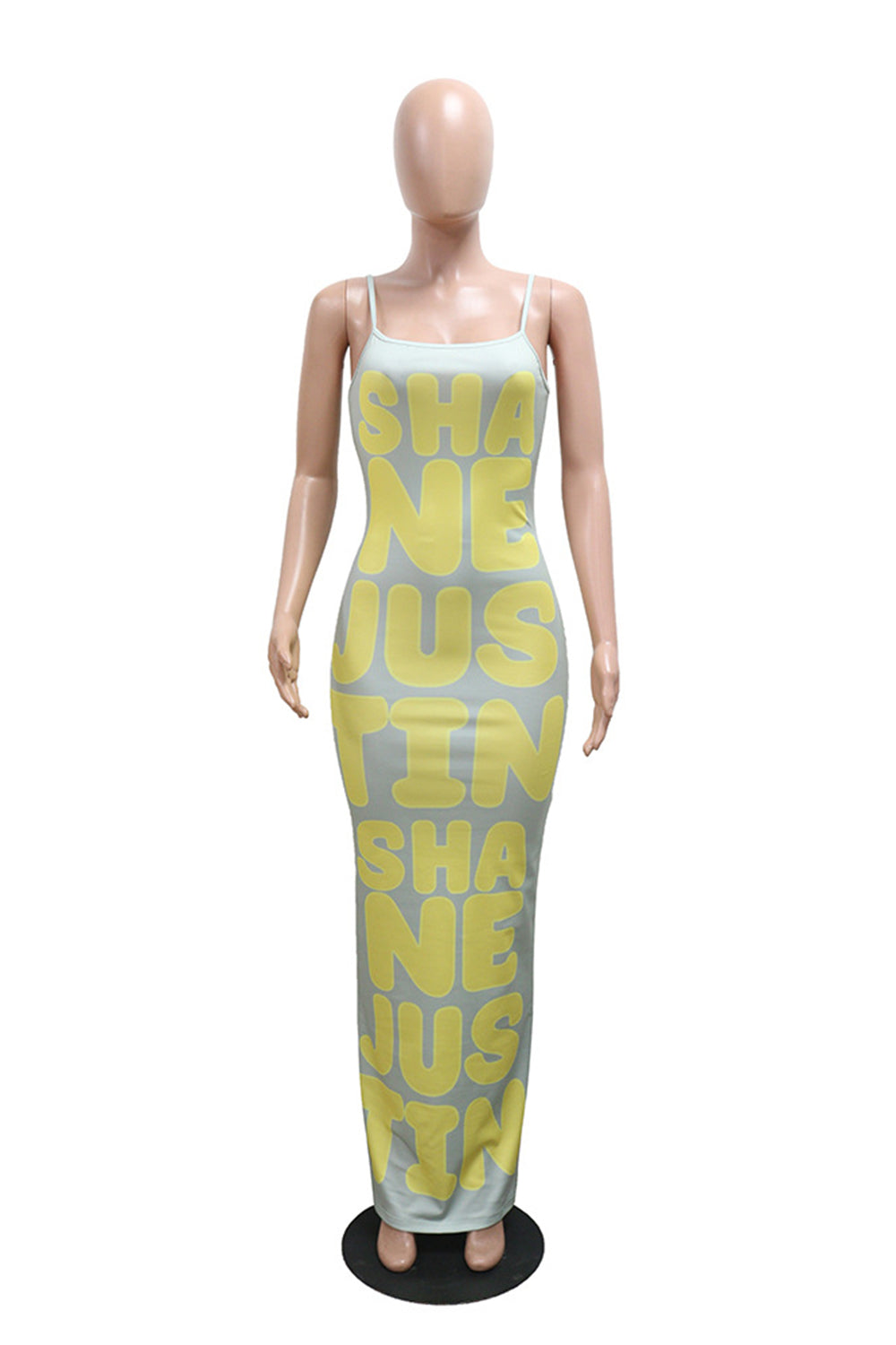 Spaghetti Strap Letter Print Back Slit Bodycon Casual Maxi Dresses-Yellow