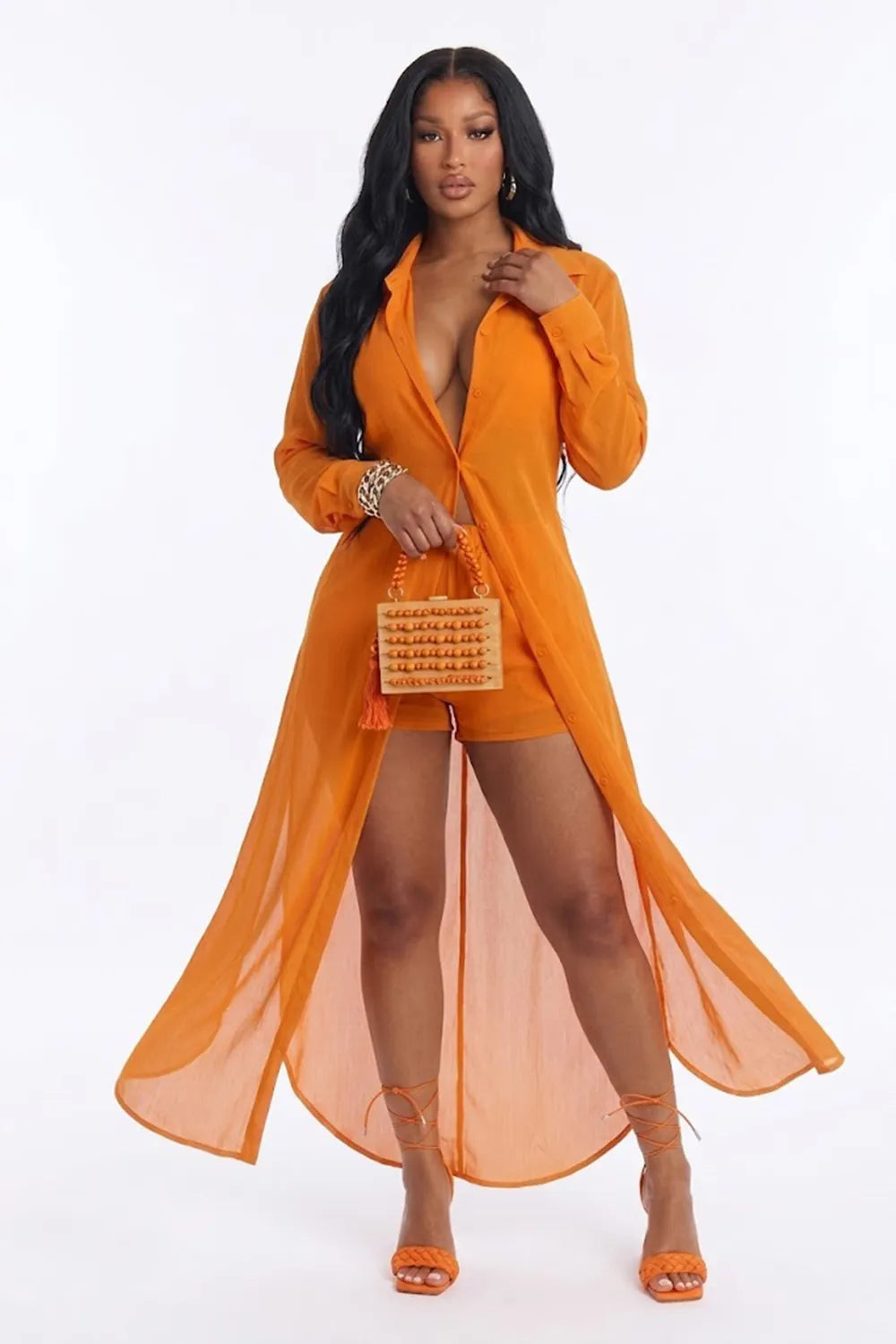See Through Mesh Long Sleeve Button Slit Long Top Shorts 2pcs Set-Fuchsia