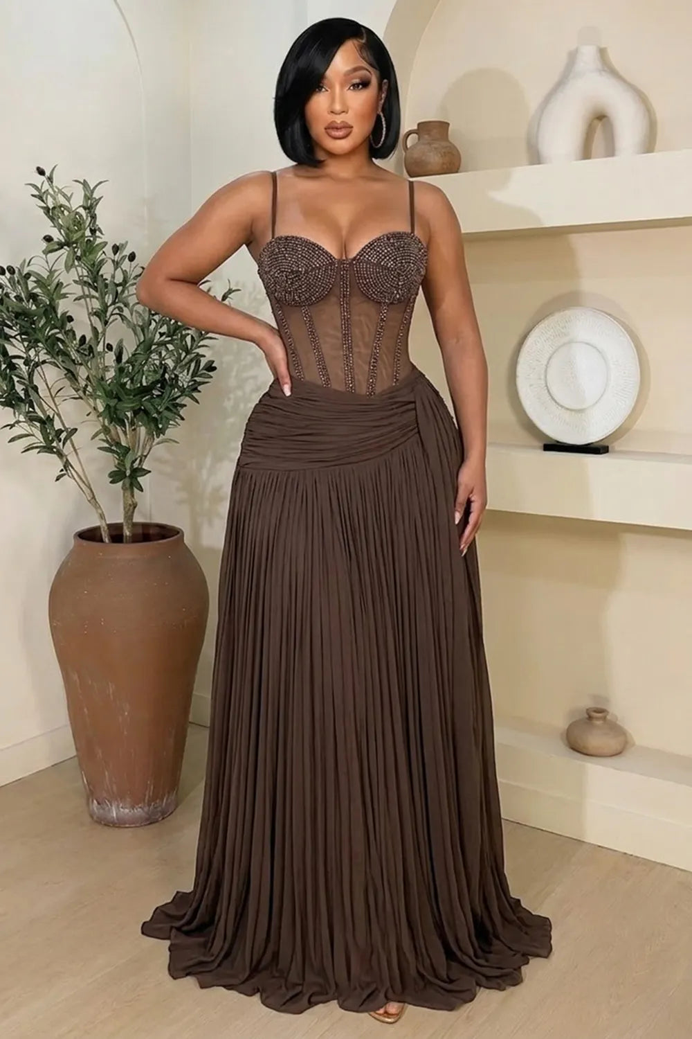 Cami Neck Rhinestone Mesh Patchwork Ruched Maxi Dresses-Brown