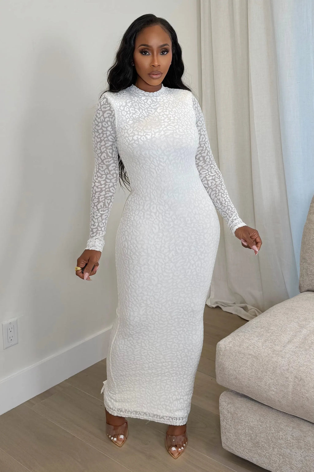 Leopard Print Round Neck Long Sleeve Backless Maxi Dresses-White