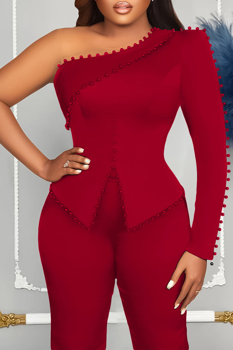Beads Single Long Sleeve A-Line Top Straight Leg Pants Matching Set-Black