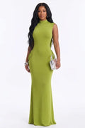 Mock Neck Sleeveless Side Ruched Backless Mermaid Gowns Maxi Dresses-Green