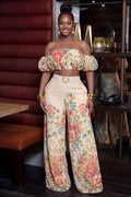 Floral Off Shoulder Crop Top Wide Leg Pants Casual 2pcs Set-Beige