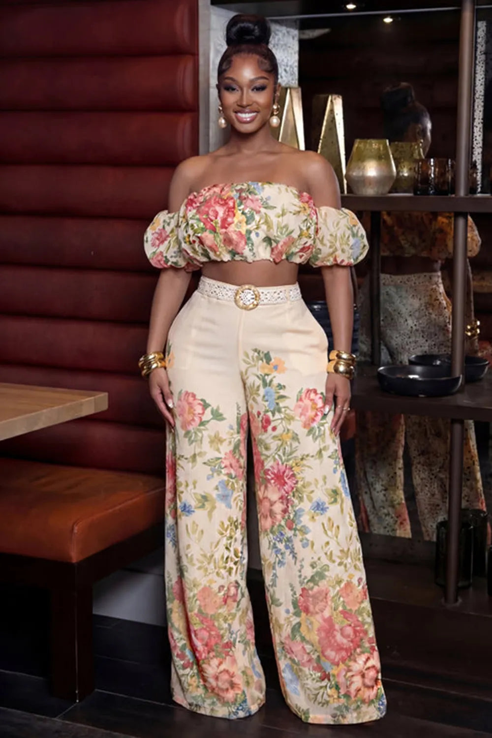 Floral Off Shoulder Crop Top Wide Leg Pants Casual 2pcs Set-Beige
