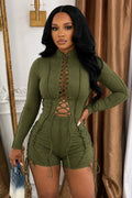 High Neck Long Sleeve Tie Up Solid Color Bodycon Casual Romper Playsuit-Green