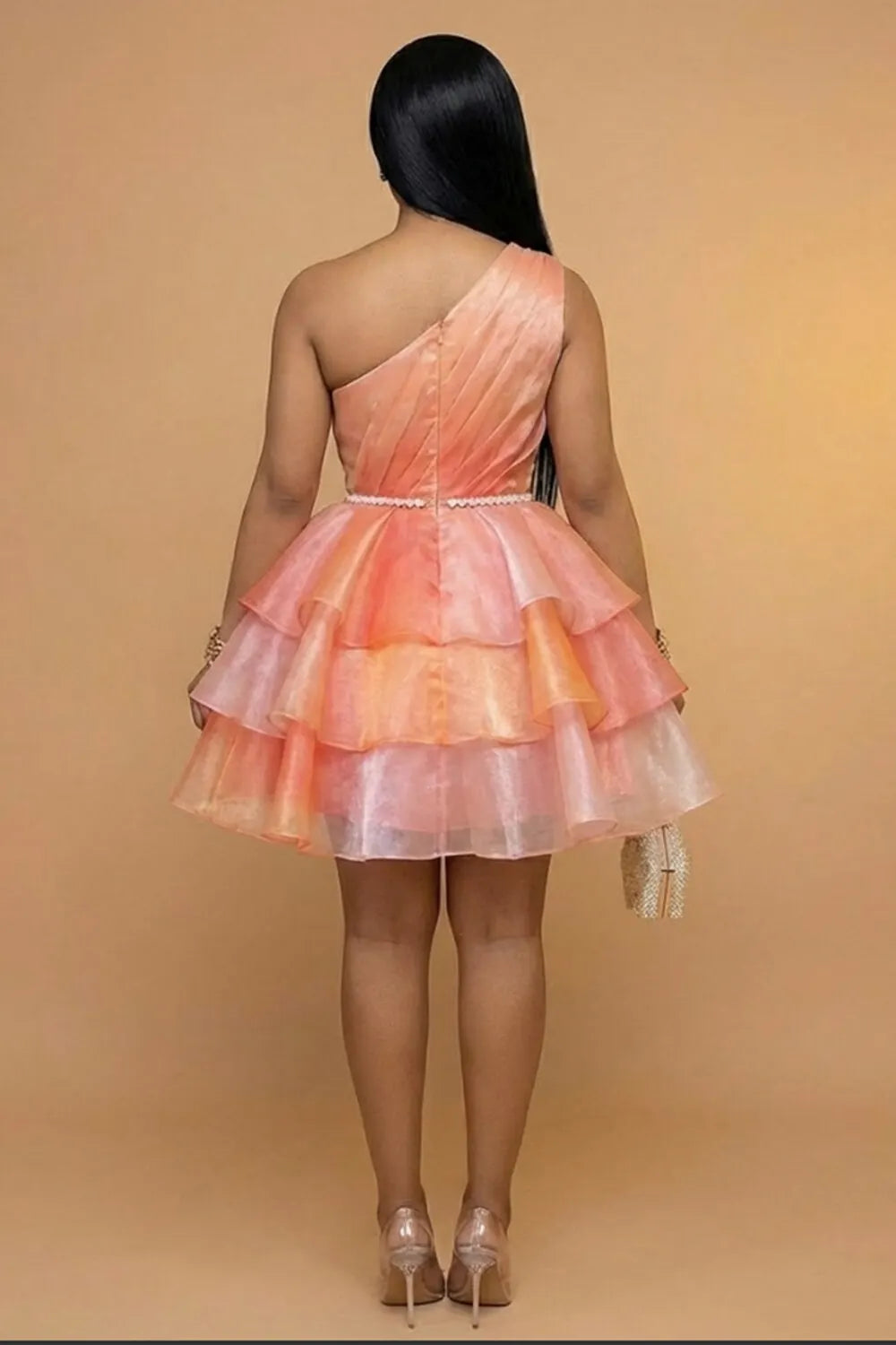 One Shoulder Sleeveless Ruffles A-Line Gowns Mini Dresses-Orange