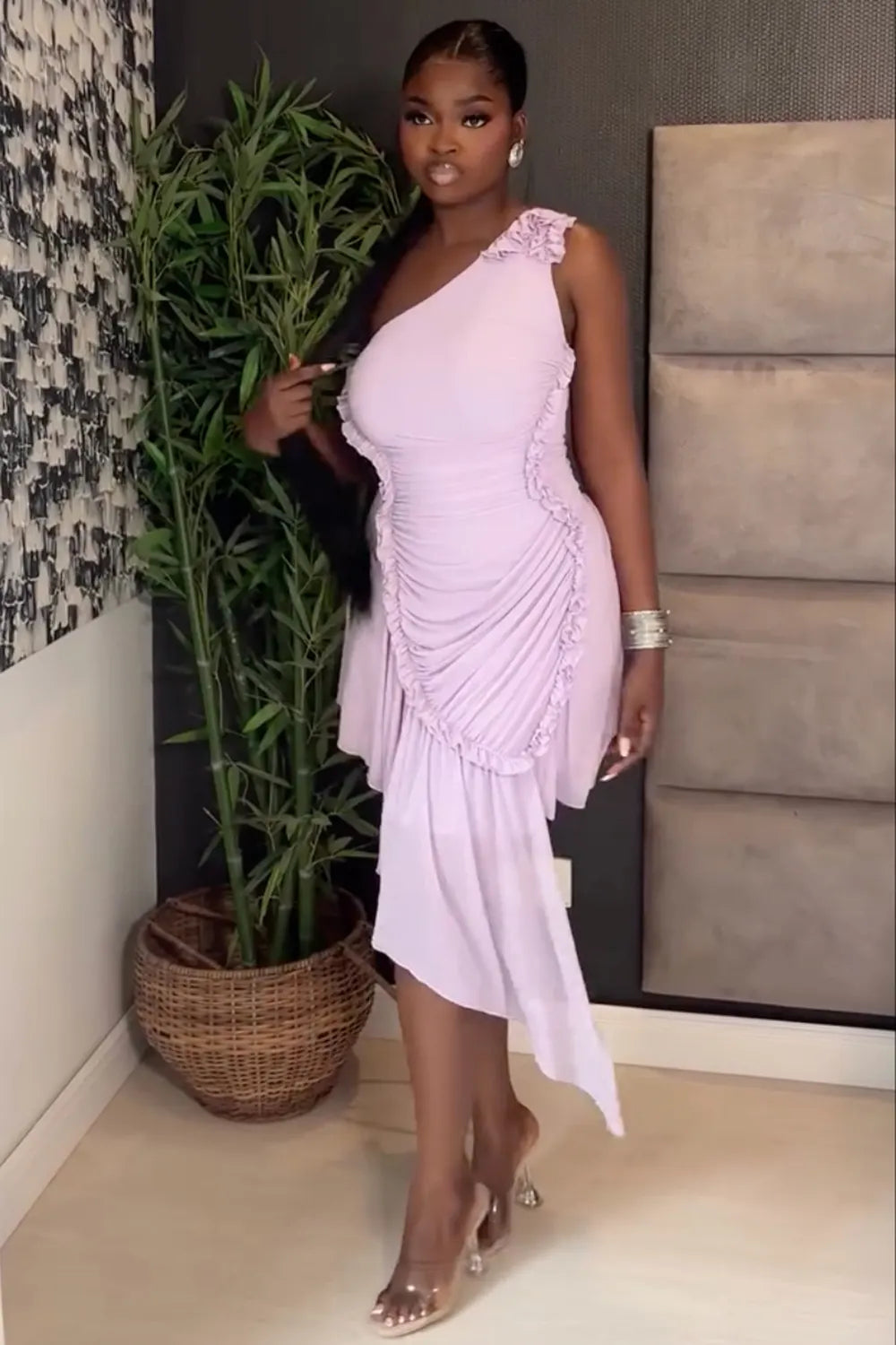 Skew Neck One Shoulder Flouncing Asymmetrical Hem Party Mini Dresses-Purple