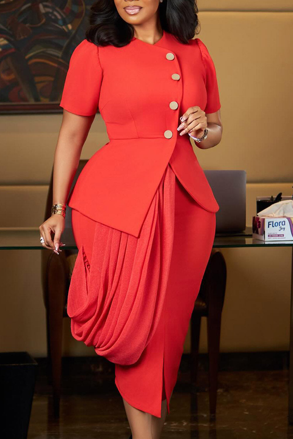 Round Neck Short Sleeve Top Ruched Midi Skirt Solid Color Formal 2pcs Set-Red