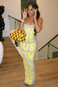 Spaghetti Strap Letter Print Back Slit Bodycon Casual Maxi Dresses-Yellow