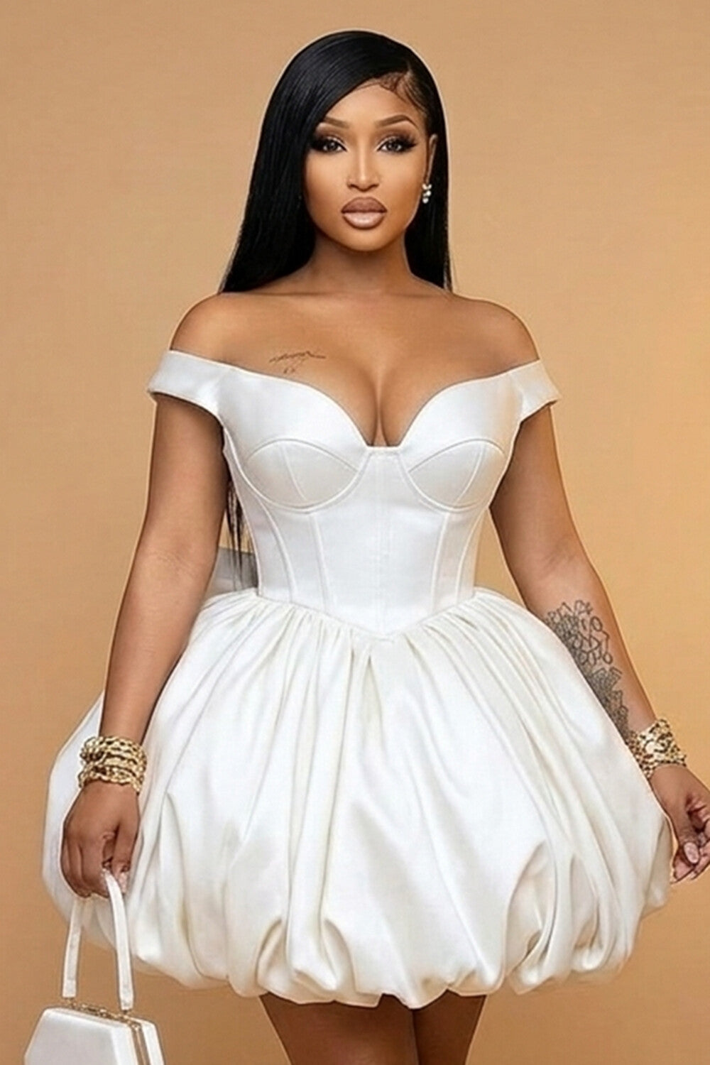 Off Shoulder Cinch Waist Ruched Bubble Gowns Mini Dresses-White