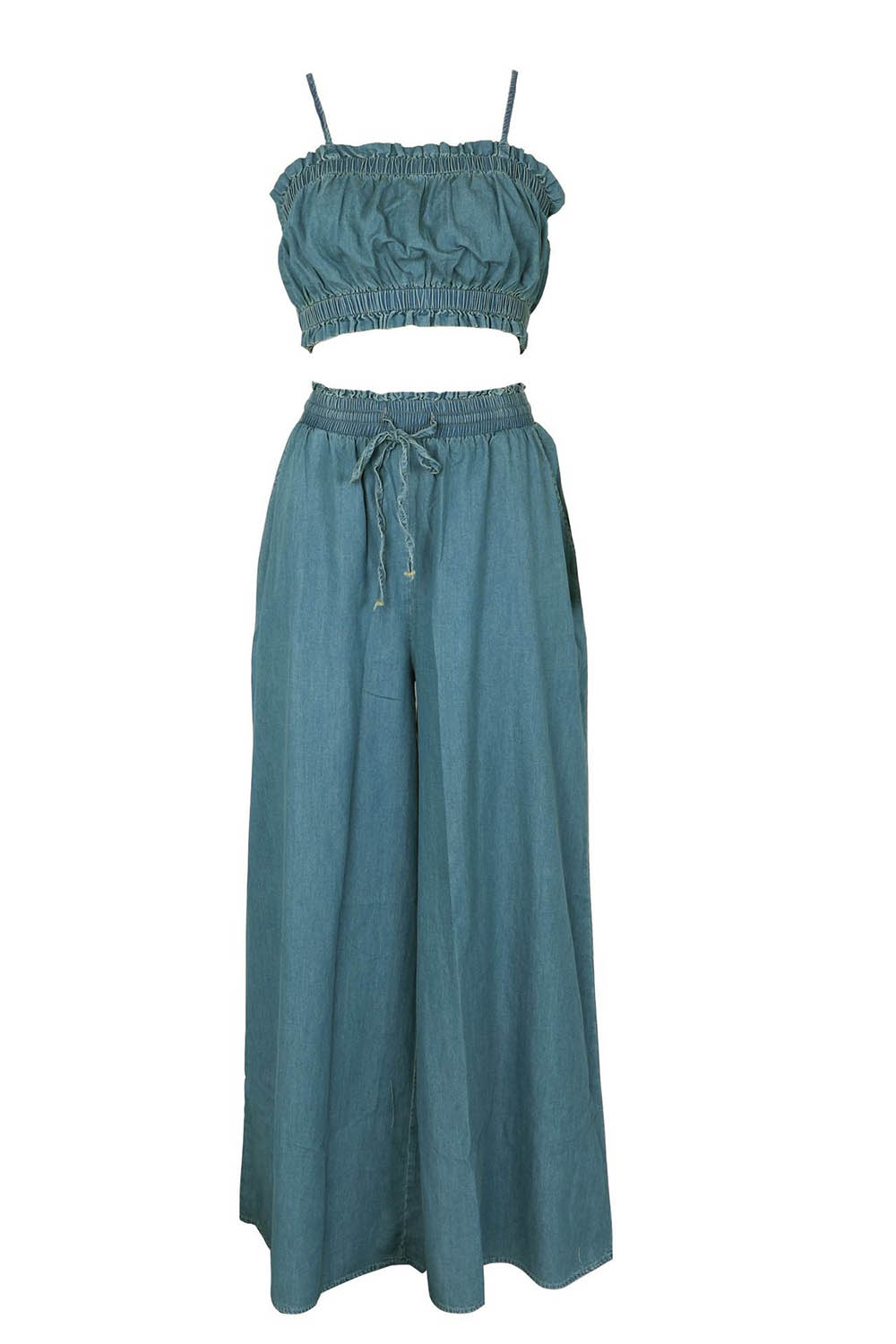Ruffle Trim Denim Cami Neck Crop Top Wide Leg Pants Casual 2pcs Set-Blue
