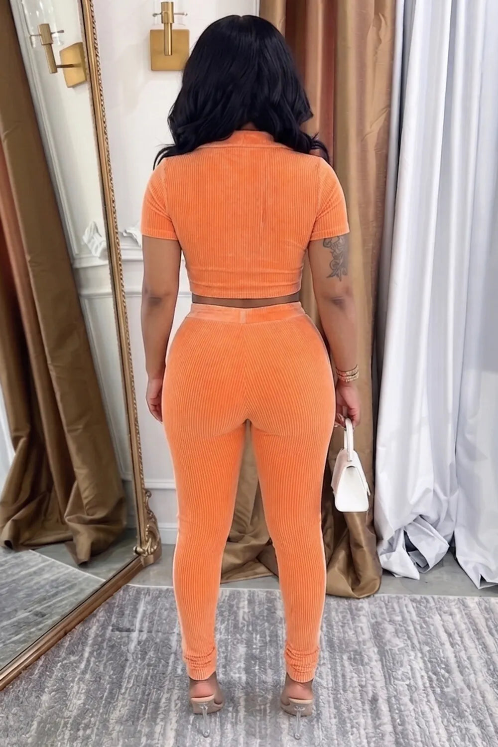 Polo Neck Zipper Top Drawstring Skinny Pants 2pcs Set-Orange