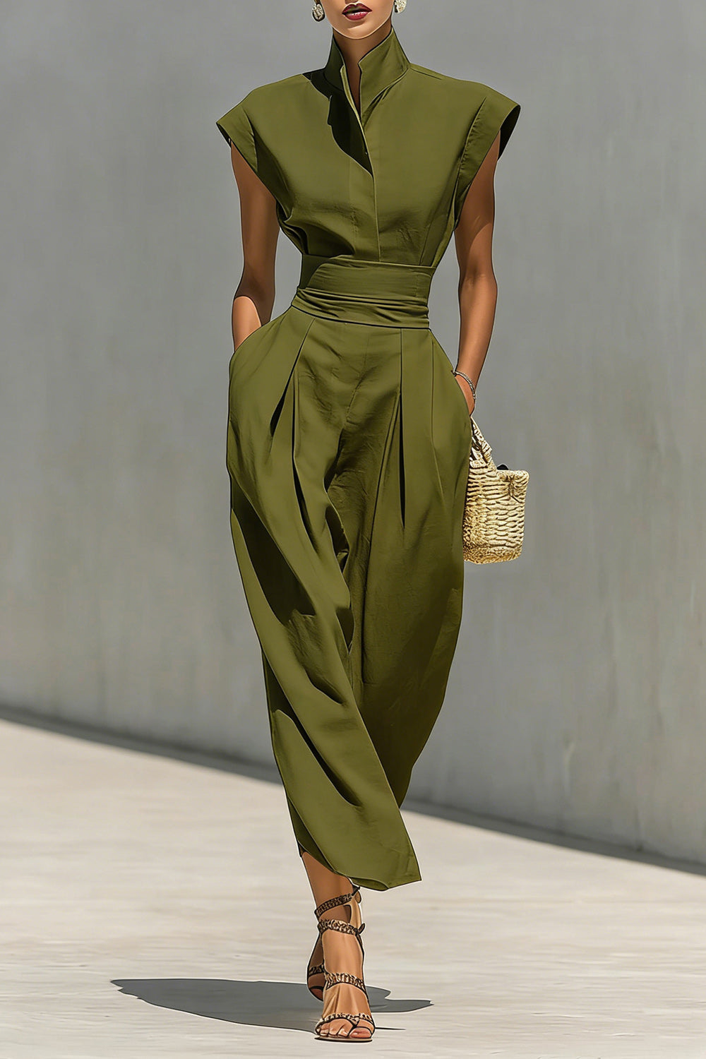 Stand-Up Collar Sleeveless Cinch High Waist Solid Color Maxi Dresses-White
