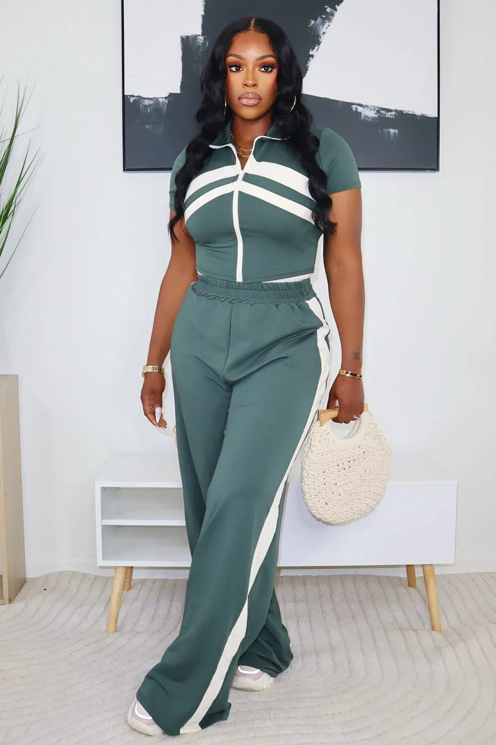 Contrast Short Sleeve Top Elastic Waist Pants 2pcs Set-Green