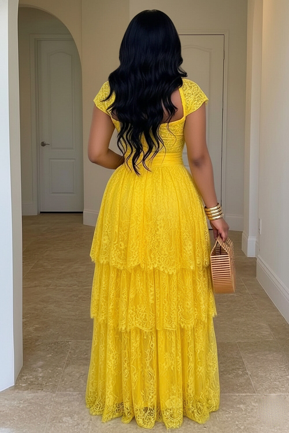 Sheer Lace Cap Sleeve Ruffle Tiered Vacation Maxi Dresses-Yellow