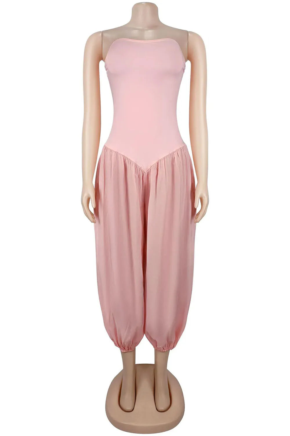Strapless Bubble Hem Cinch Waist Solid Color Casual Cropped Jumpsuit-Pink