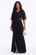 V Neck Half Sleeve Hot Drilling Decor Slit Evening Gowns Maxi Dresses-Black