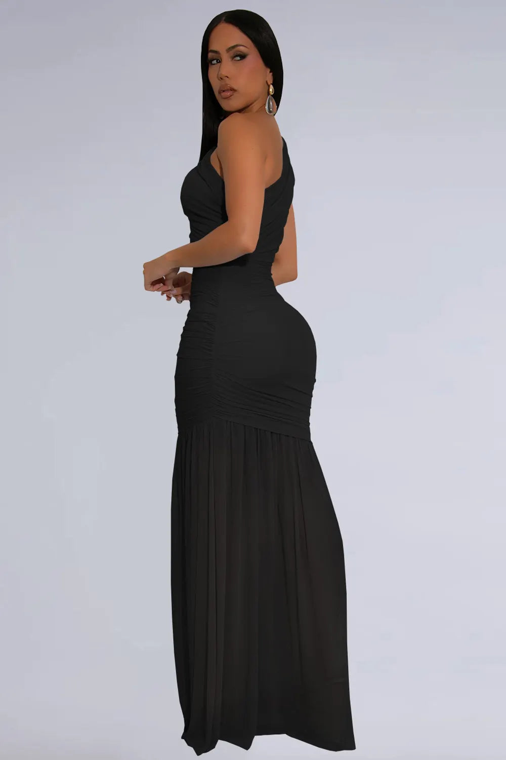 One Shoulder Sleeveless Ruched Solid Color Mesh Gowns Maxi Dresses-White