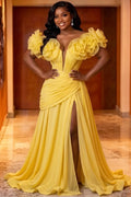 Off Shoulder 3D Floral Slit Ruched Gowns Maxi Dresses-Yellow