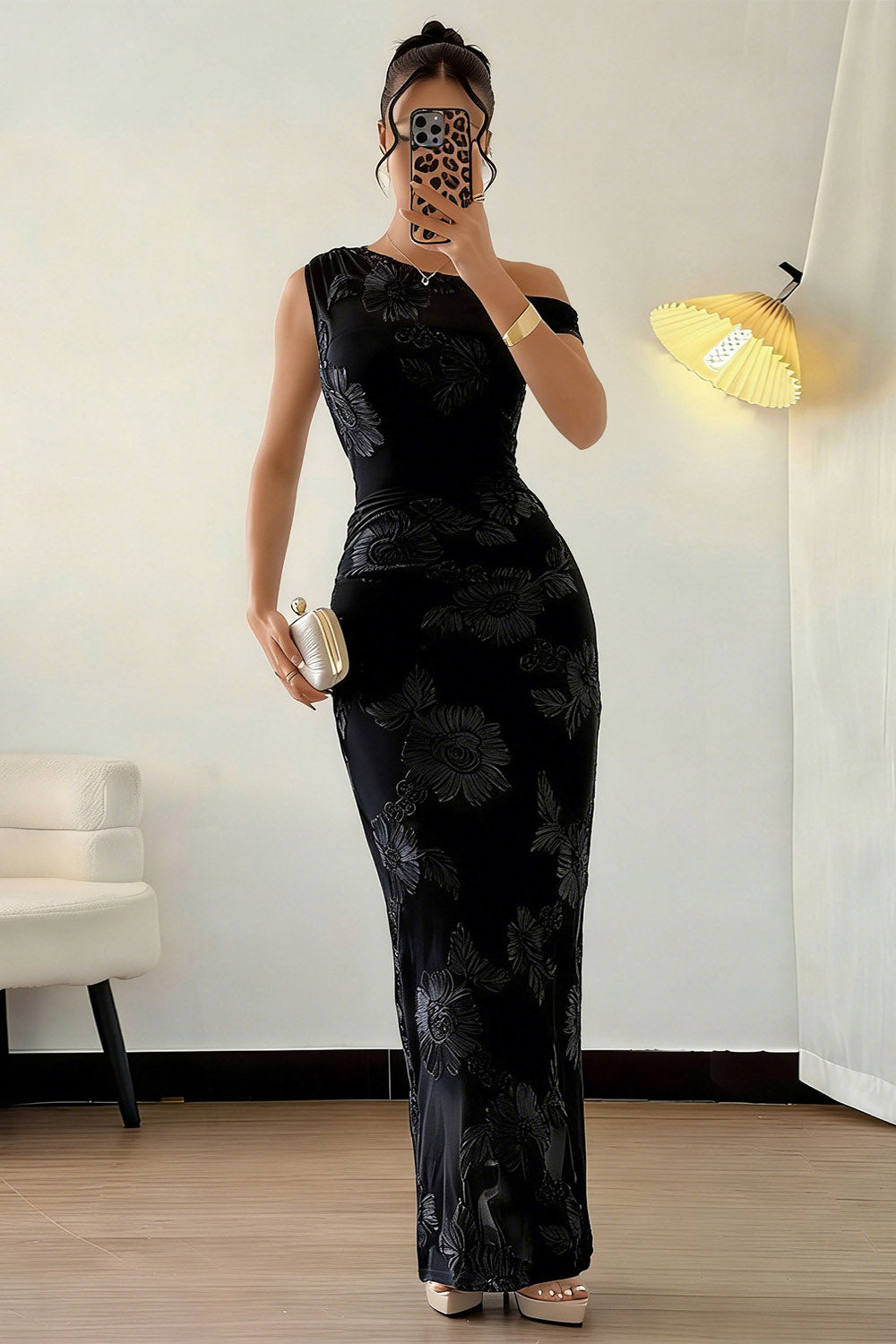 One Shoulder Floral Pattern Mesh Patchwork Slim Fit Gowns Maxi Dresses-Blue
