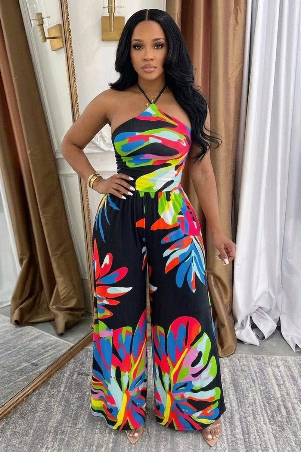 Halter Backless Leaf Print Wide Leg Casual Jumpsuit