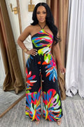 Halter Backless Leaf Print Wide Leg Casual Jumpsuit