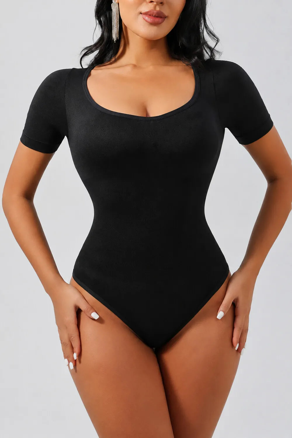 Solid Color Square Neck Short Sleeve Cinch Waist Shapewear Bodysuit-Black