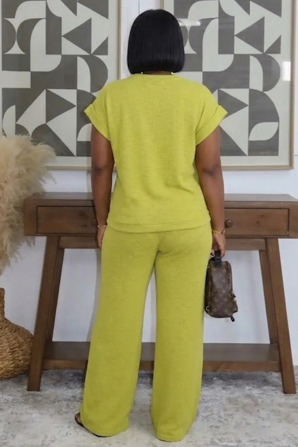 Round Neck Top Drawstring Wide Leg Pants Casual 2pcs Set-Green