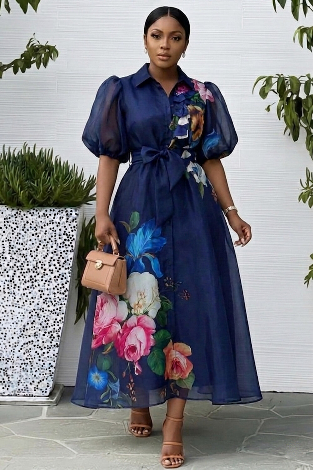 Collar Puff Sleeve Floral A-Line Mesh Maxi Dresses-Navy