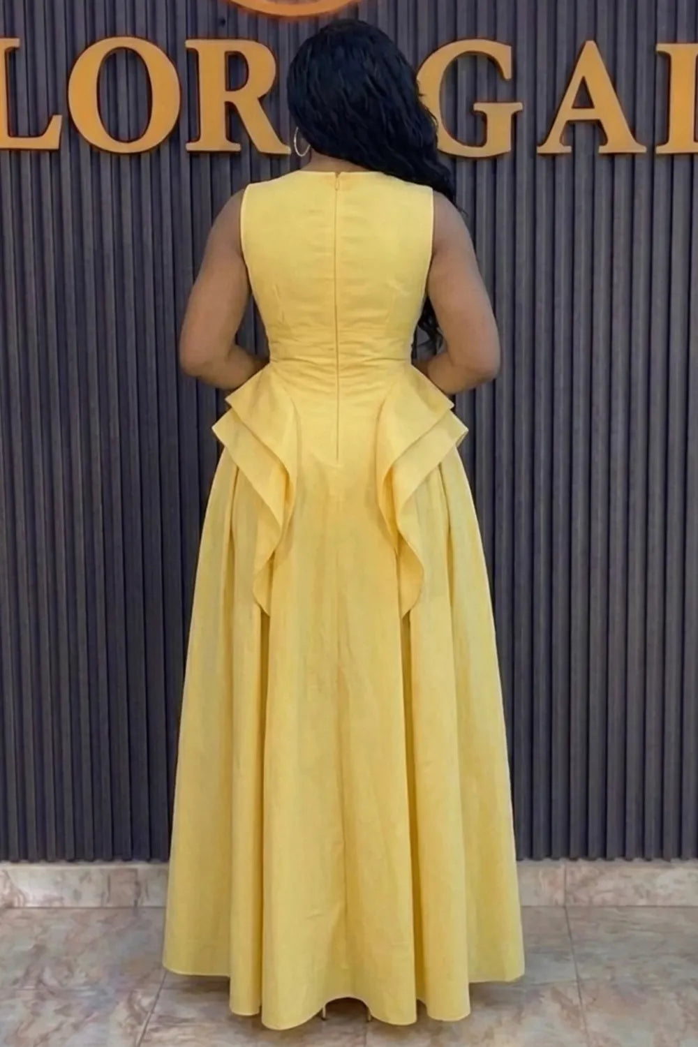 Round Neck Sleeveless Ruffle A-Line Gowns Maxi Dresses-Yellow