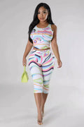 All Over Print Round Neck Sleeveless Top Capri Pants 2pcs Set