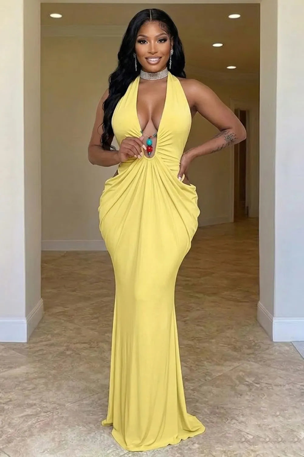 Halter Plunge Neck Cut Out Ruched Backless Bodycon Gowns Maxi Dresses-Blue
