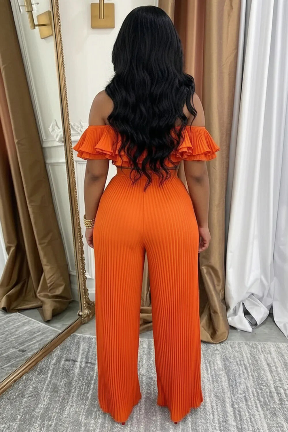 Off Shoulder Ruffle Top Wide Leg Pants Casual 2pcs Set-Orange