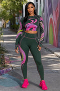 Abstract Print Long Sleeve Top Skinny Pants 2pcs Set-Green