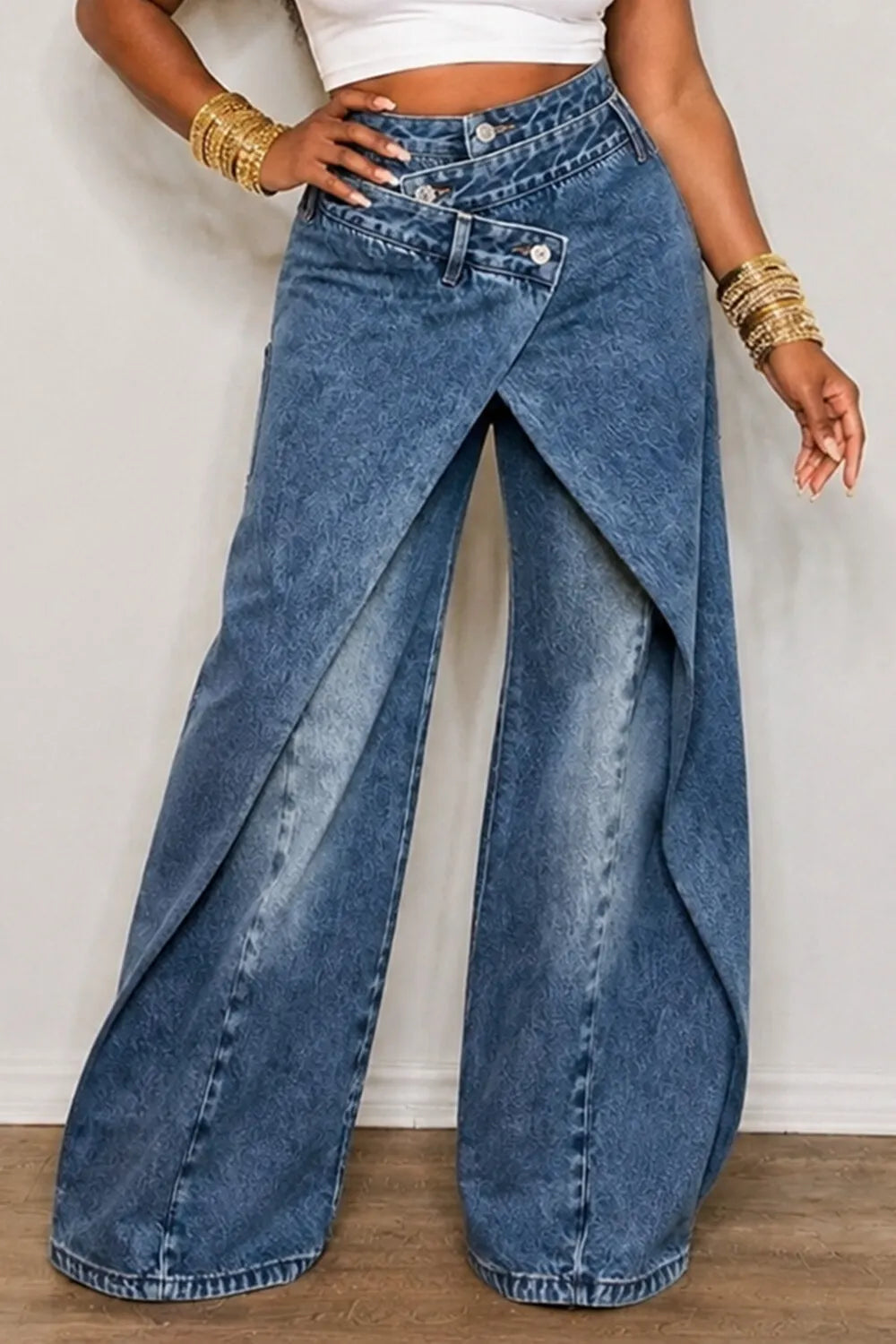 Washed Denim Asymmetrical Button Overlap Wide Leg Casual Jeans-Blue