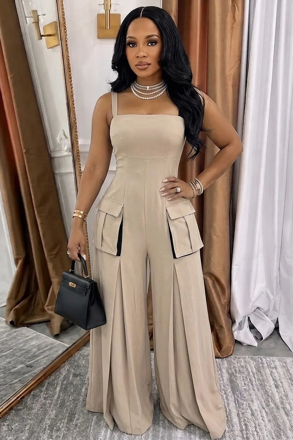 Wide Strap Pocket Decor Wide Leg Pants Casual Jumpsuit-Khaki